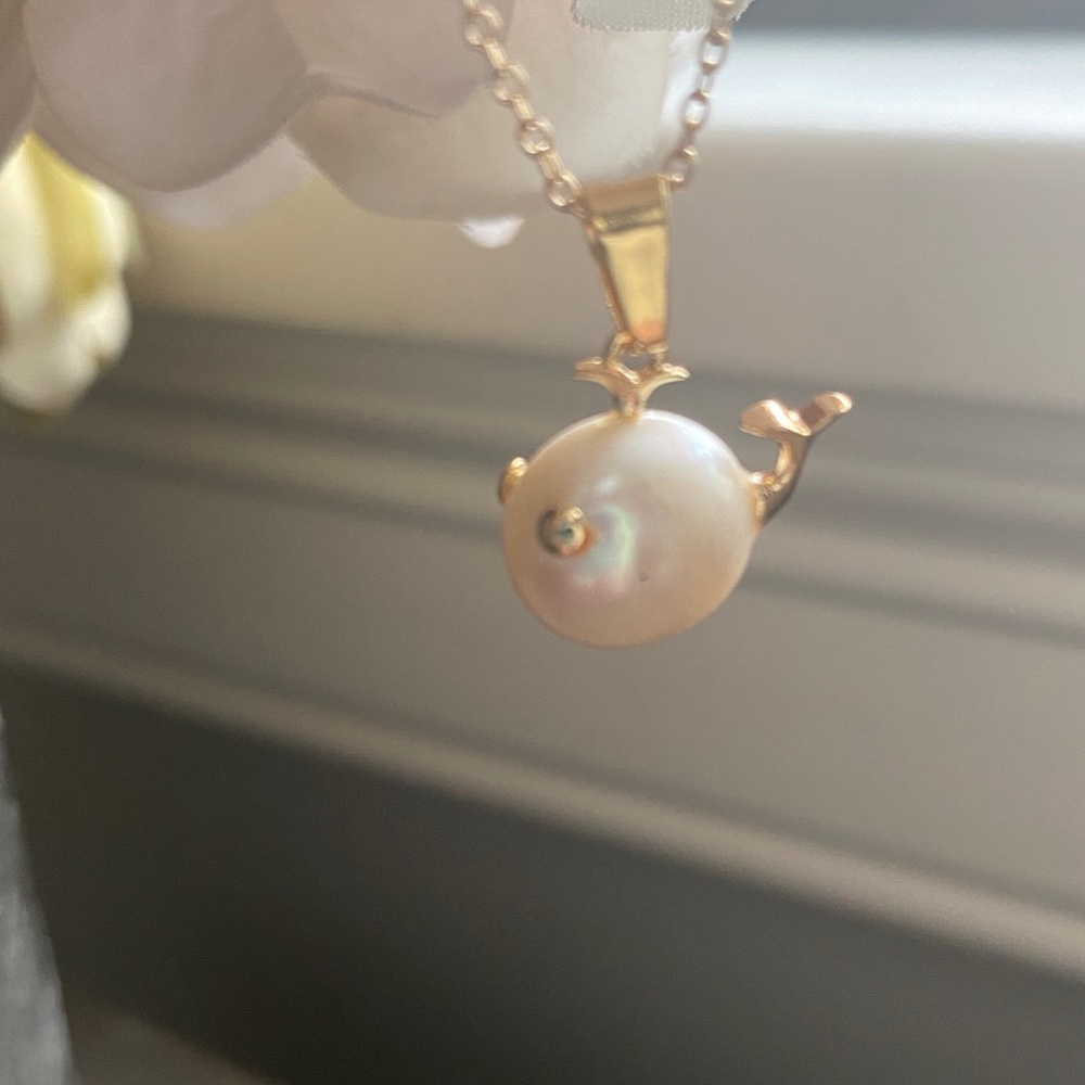 18k Gold overlay and Pearl Whale Pendant Necklace